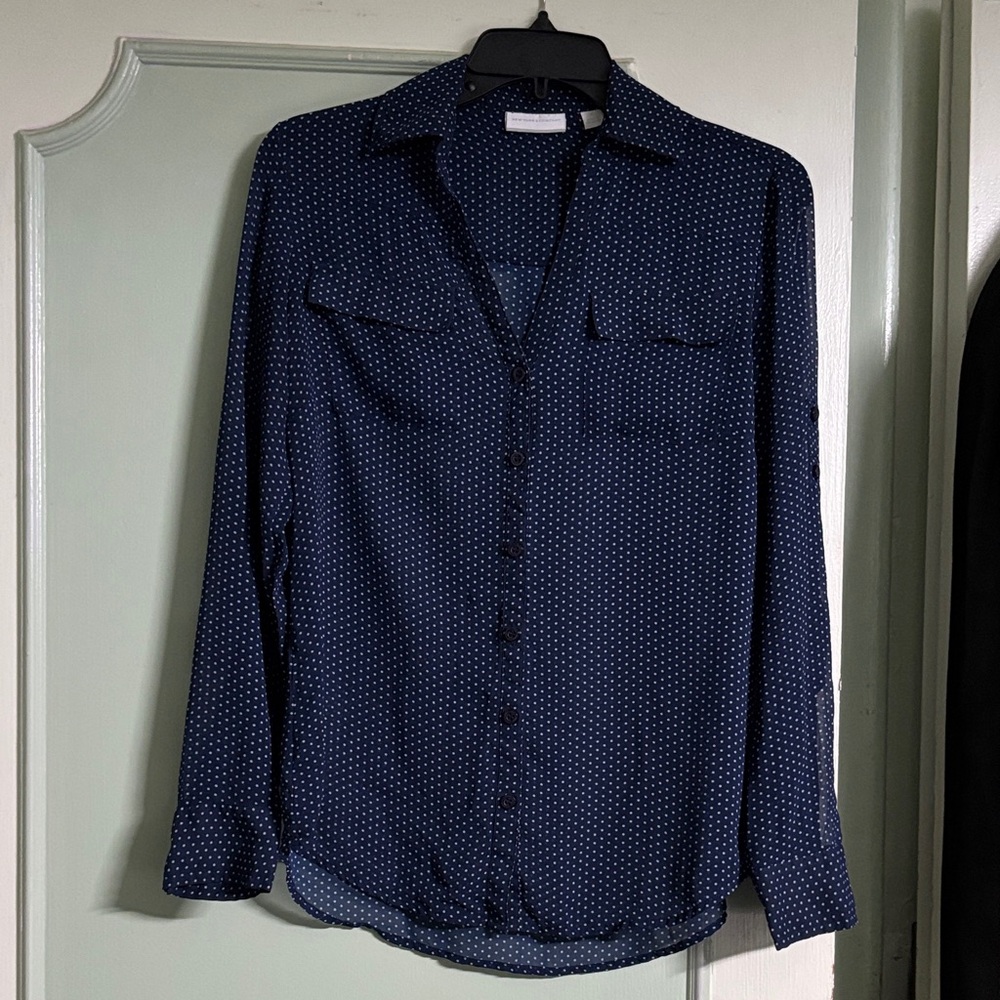 New York & Company Navy Polka Dot Button-Up Shirt